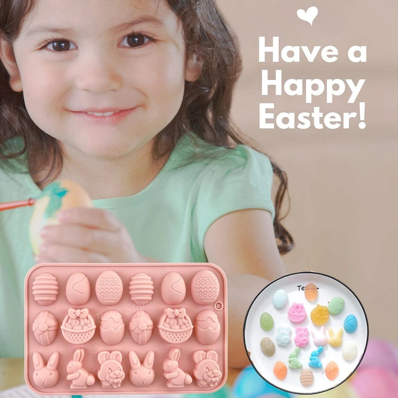 18-Cavity Easter Silicone Chocolate Mold Egg Rabbit Bunny Shaped Mould Candy Jelly Cocoa Bombs Making of Easter Party Decoration