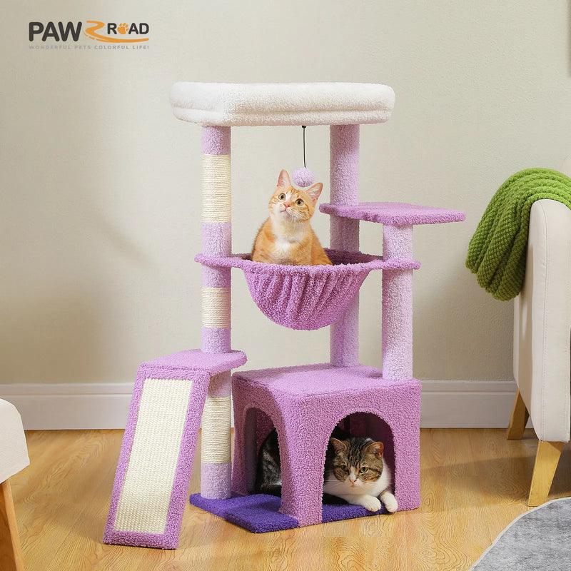 Cat Tree for Indoor Cats, Small Cat Tower with Large Cat Condo, Cat Scratching Posts, Cozy Cat Hammock and Cat Scratching Ladder