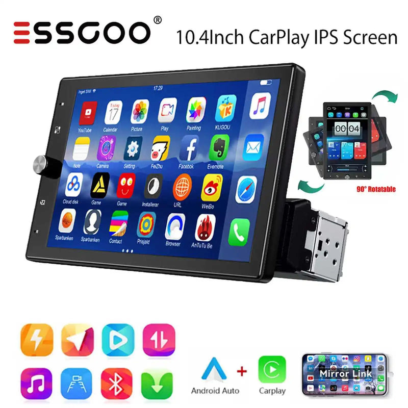 ESSGOO 10.4" Car Stereo Single DIN Wireless CarPlay Android Auto Rotatable Touch Screen Bluetooth GPS Nav Radio Player Head Unit