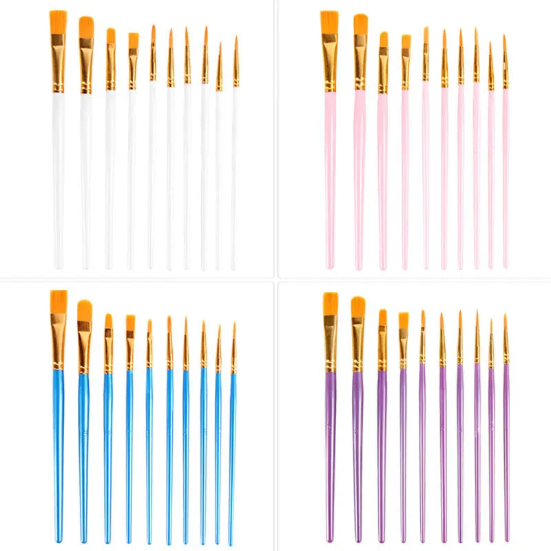 10Pcs Plastic Short Rod Art Painting Watercolor Gouache Oil Brush Multi-color Multi-functional Nylon Hair Paint Brush Artist Set