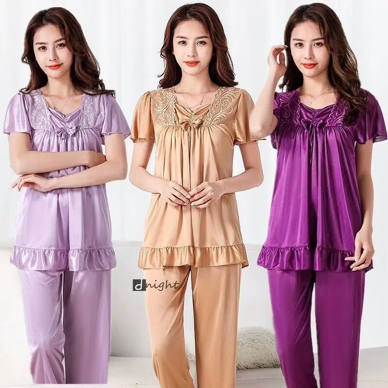 Women Home Clothes Big Nightshirt Shorts Summer Satin Silk Trousers Suit Women Middle-aged Lace Large 5XL Pajamas Bedroom Set
