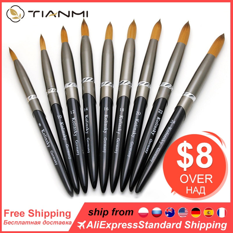 TIANMI Pure Kolinsky Hair Manicure Nail Tool Round Metal Handle Carving Drawing Brushes Salon Professional Painting Nail Brush