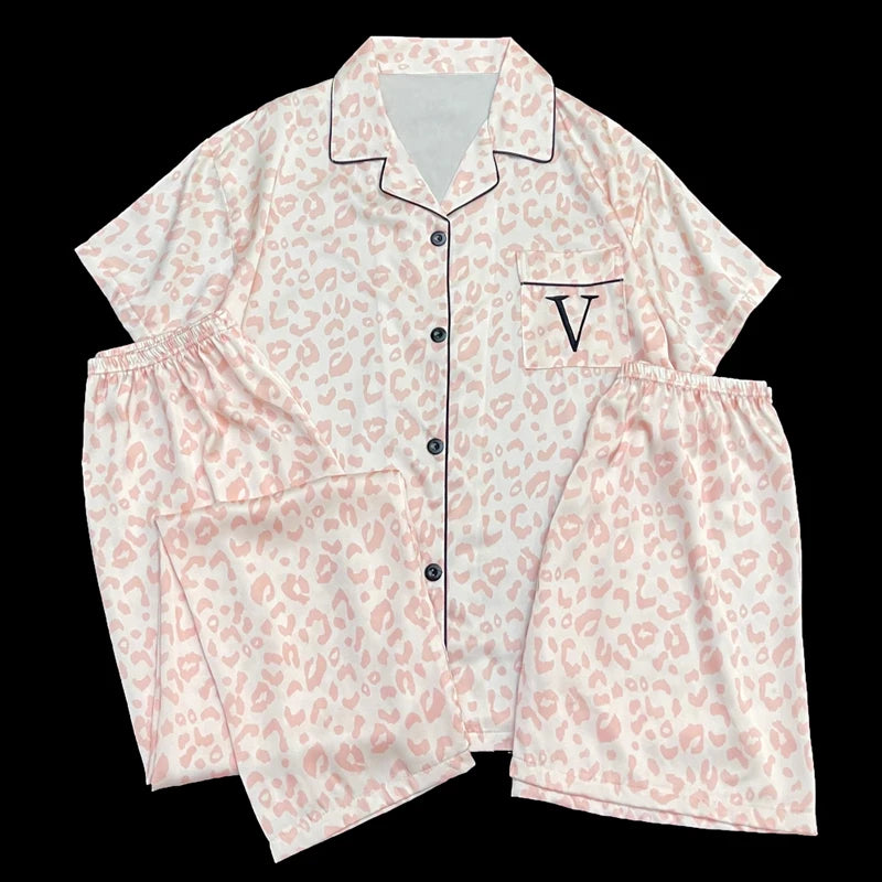 Pink Leopard Three-piece Set Pajamas for Women Y2k 2024 New Classy Spring Female Sleepwear Short Sleeve Fashion Casual Homewear