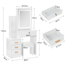 Dressing Table with LED Lights and Adjustable Brightness, Vanity Desk with Mirror, 4 Drawers, 6 Hidden Shelves, and Stool
