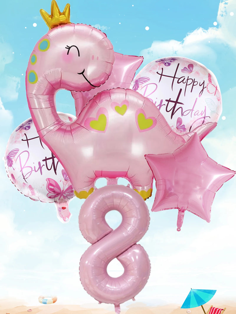 1set Pink Crown Dinosaur Foil Balloons 40 Inch Number Helium Balloon Baby Girl Children‘s Birthday Party Decorations Kids’