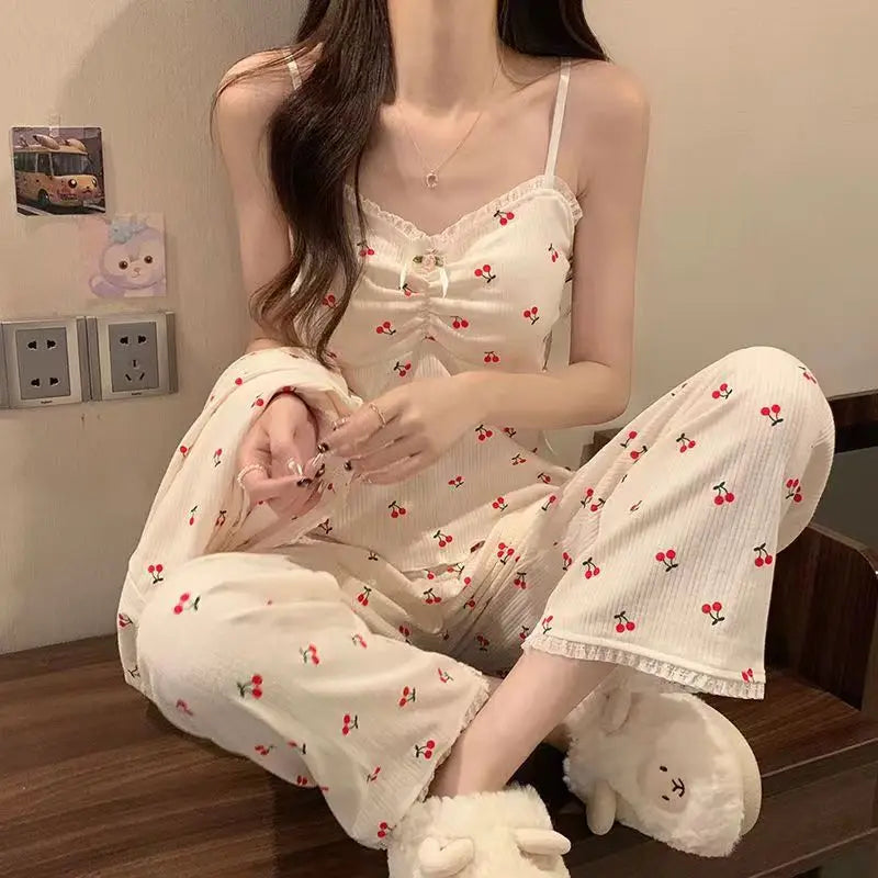 Pajamas Female Long-Sleeved Spring And Autumn Suspenders Trousers Three-Piece Set With Cushion Sweet Pajamas Homewear Suit