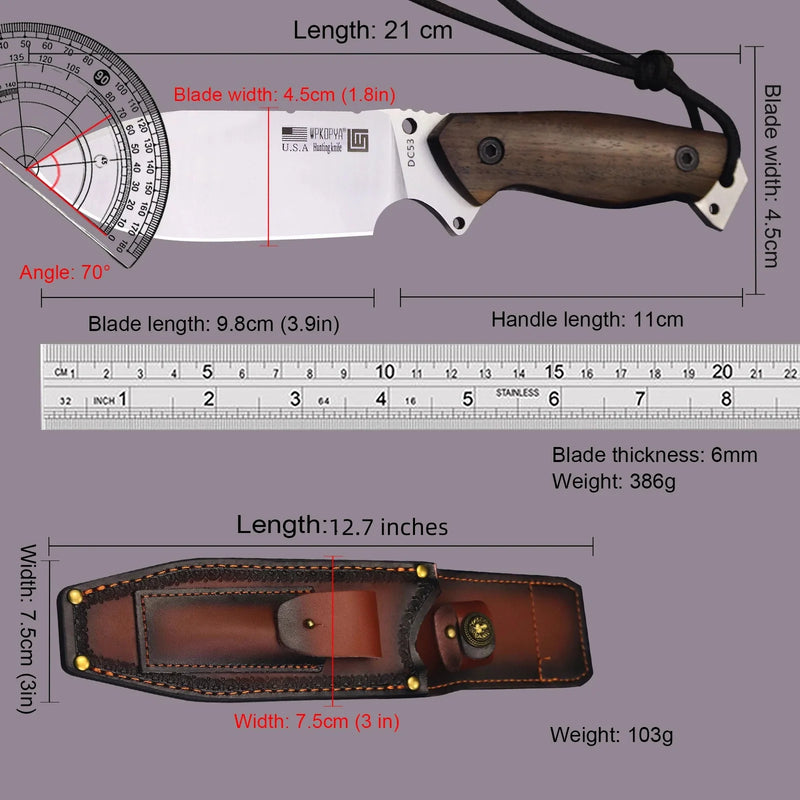 WPKOPYA USA DC53 Steel Outdoor Hunting Knife + Leather sheath, Jungle Camping Survival Knife, Outdoor Adventure EDC tool knife