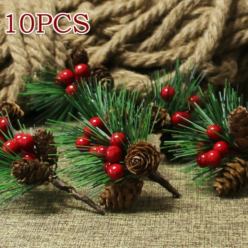 10PC/set Artificial Flower Red Christmas Berry and Pine Cone with Holly Branches Decoration for Home Floral Decor Flower Crafts