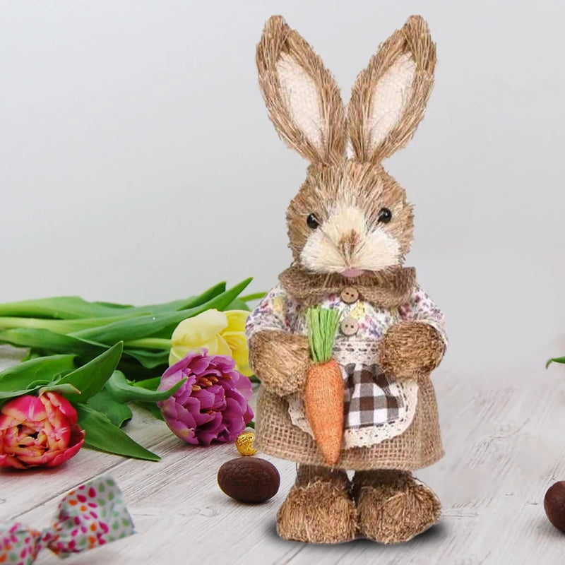Cute Straw Rabbits Bunny Standing Decorations w/Carrots for Easter Party Home Garden Wedding Ornament Photo Props Crafts