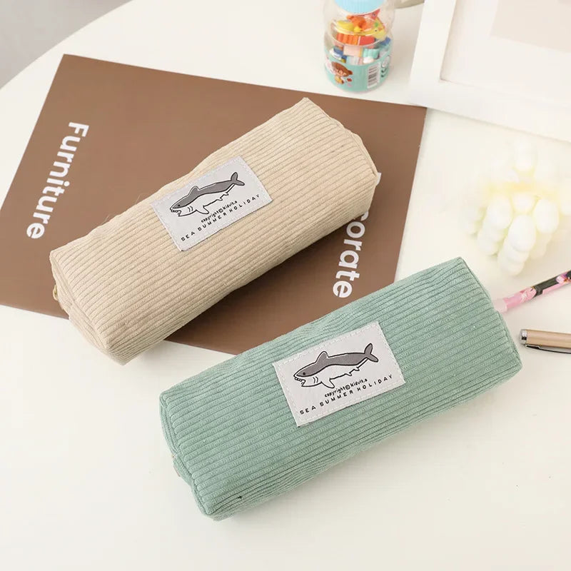 Cute Corduroy Pencil Case Little Shark Embroidery Pen Bag Pouch Gift for Girls&Kids School Office Stationery Organizer Supplies