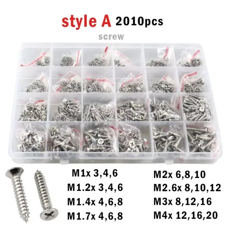 M1 M1.2 M1.4 M1.7 M2 M2.6 M3 M4 Stainless Steel Cross Countersunk Head Wood Screw Set Phillips Flat Head Self Tapping Screws Kit