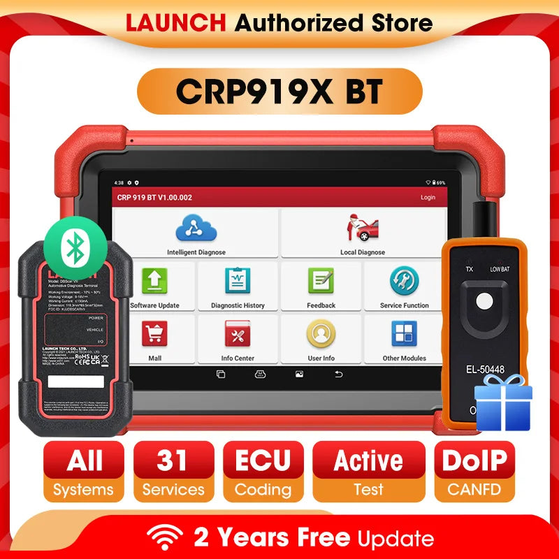 LAUNCH X431 CRP919X BT OBD2 Scanner Automotive Diagnostic Tools Car CANFD DOIP ECU Coding Professional Scan 2 Years Free Update