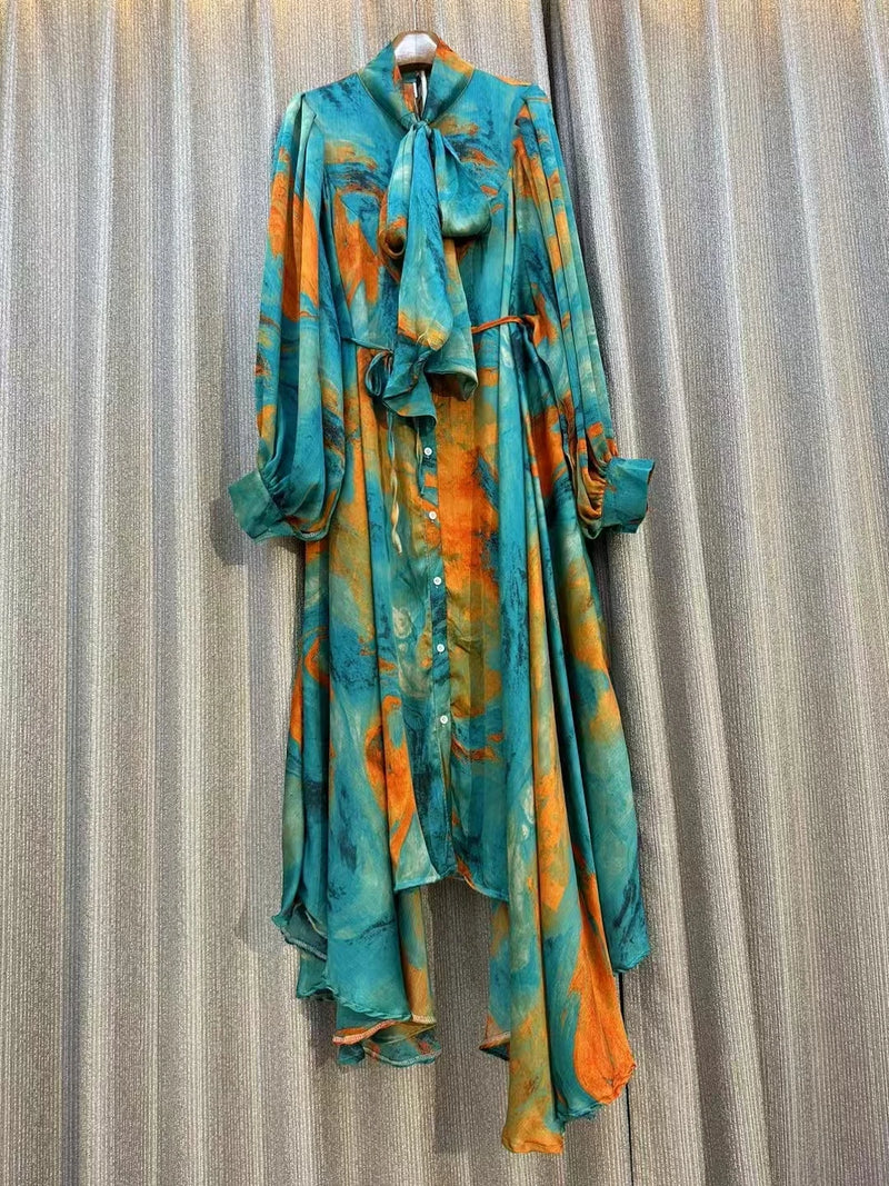 New 2024 Autumn Fashion Irregular Party Midi Dress Female long Sleeve Elegant Loose Print Casual Evening Dress For Women ﻿