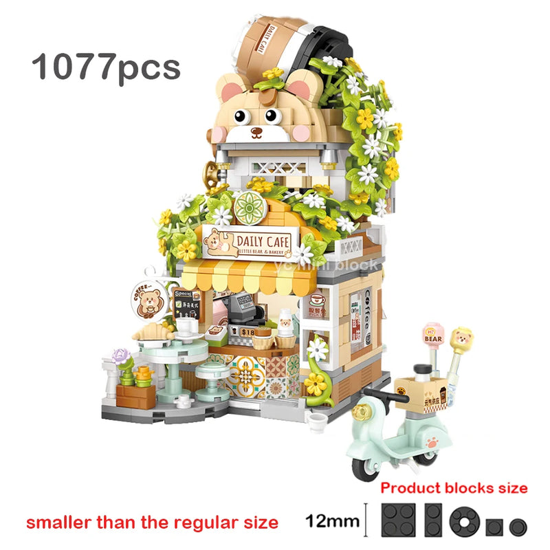 New Cute Little Bear Cafe Flower Shop Panda Tea House Mini Folding Building Block DIY Assembly Puzzle Toys For Kids Adults Gifts