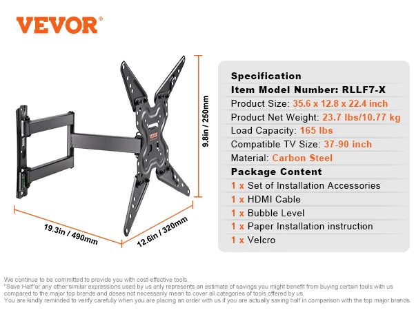 VEVOR Full Motion TV Mount Fit for Most 26-55 inch TVs Swivel Tilt Horizontal Adjustment TV Wall Mount Bracket Articulating Arms
