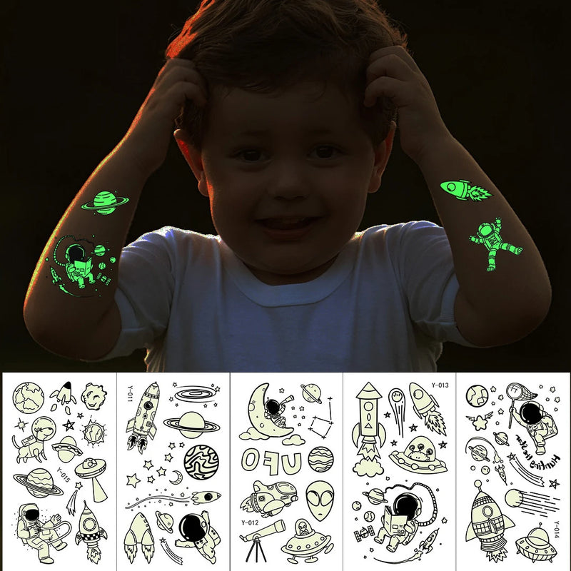 10 Sheets Luminous Outer Space Astronauts Temporary Face Body Tattoo Stickers Toy for Kids Birthday Party Favors Pinata Gifts