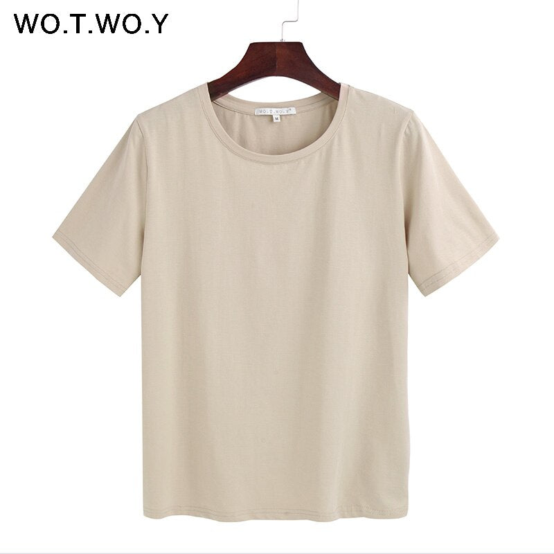 WOTWOY 2023 Summer Cotton T Shirt Women Loose Style Solid Tee Shirt Female Short Sleeve Top Tees O-Neck T-shirt Women 12 Colors