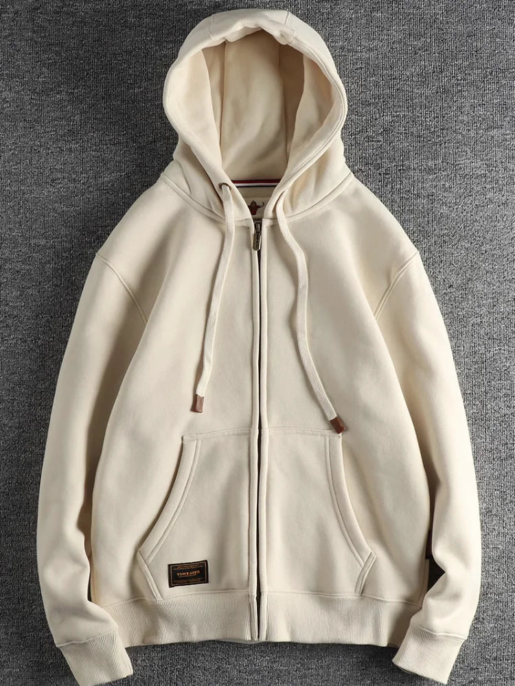 Autumn Winter American Retro Heavyweight Long Sleeved Hooded Hoodies Men's Simple Thickened Velvet Casual Cardigan Sweatshirts