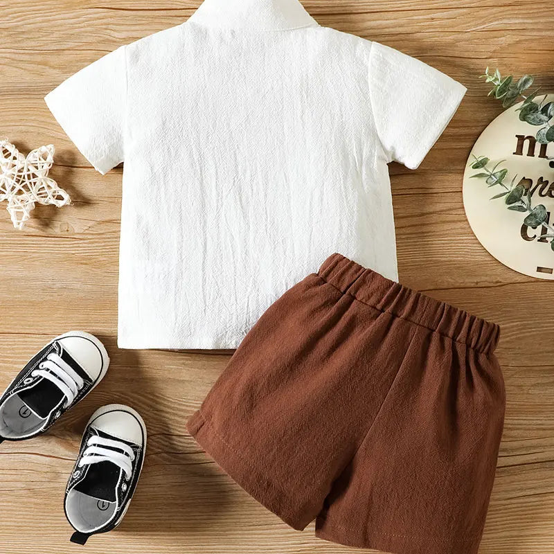 3M-24M Baby Boy Cotton Small Stand-up Collar Embroidered Top with Brown Drawstring Pants Two-piece Set,Suitable for Summer Wear