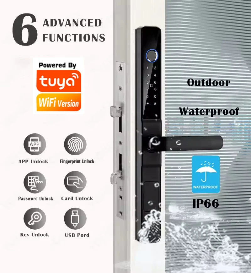 Tuya WiFi Smart Aluminum Door Lock Waterproof Fingerprint APP Password RFID Card Digital Electronic Glass Sliding Door Lock