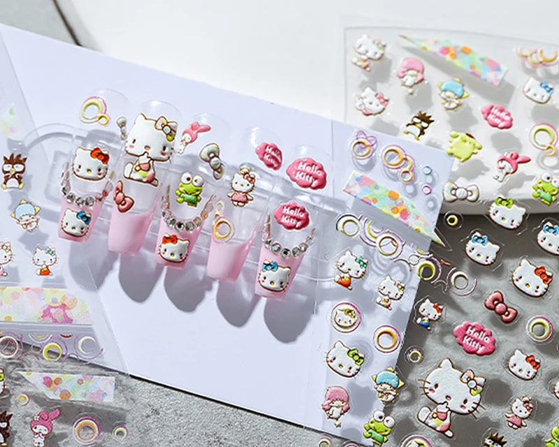 1PCS 5D Cartoon Kuromi Hello Kitty Nail Stickers Sanrio Animation Nail Art Decoration Sanrio Cute Melody Embossed Stickers
