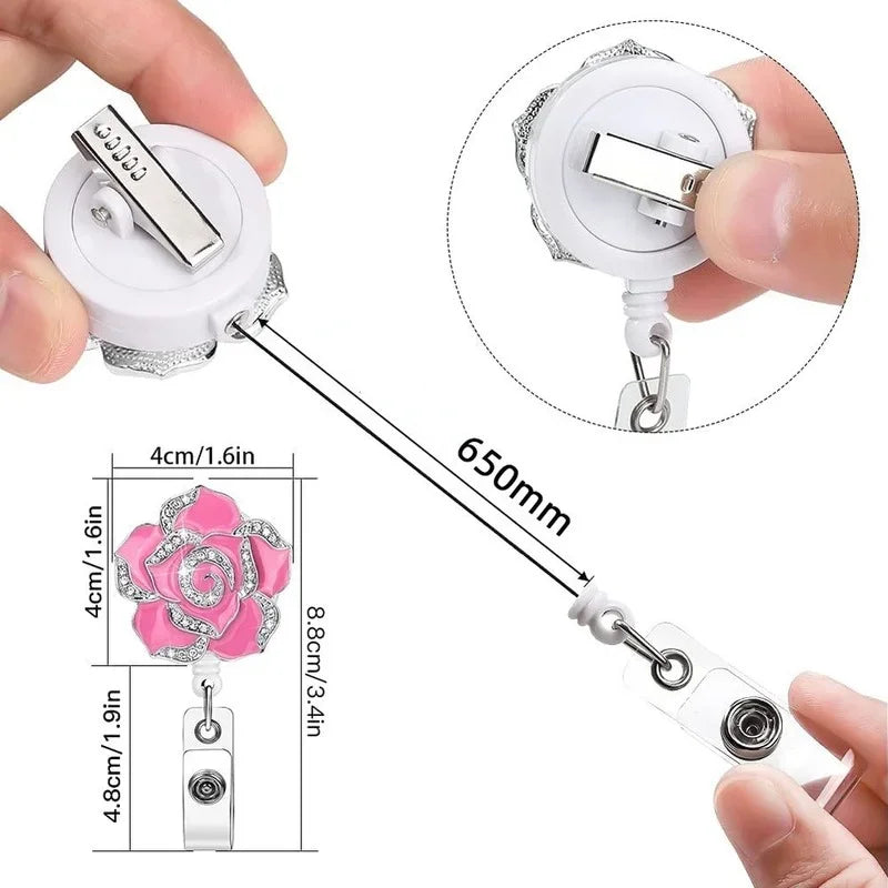 Rose Flower Diamond Badge Reel ID Holders Tag Clip Name Badges Work Pass Card Reels Retractable Lanyard Chest Tag Clip Reel