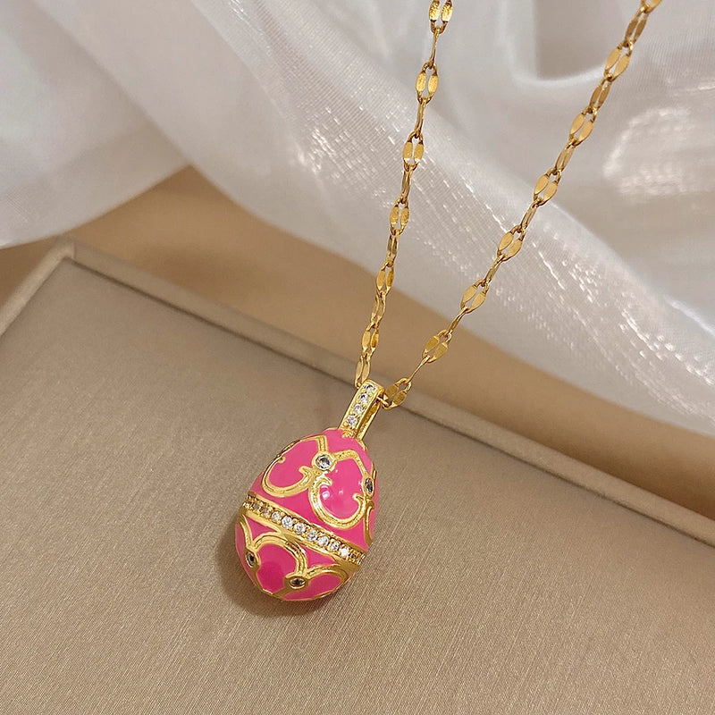 Greatera Colorful Enamel Easter Egg Pendant Necklaces for Women Guilloche Locket Egg Gold Plated Chain Necklaces Party Jewelry