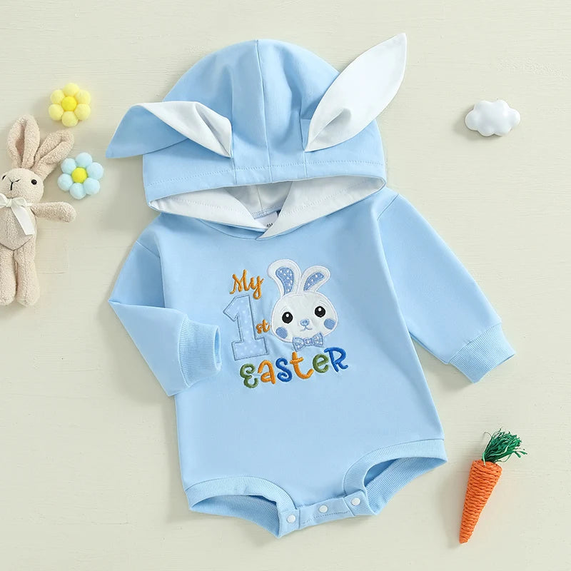 Adorable Baby Easter Bunny Hooded Romper with Long Sleeves and Embroidered Letter Detail for Infant Girls