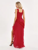 Sexy Elegant Long Dress Women Frill Trim Spaghetti Strap Square Neck Split Dress Ladies Summer Evening Party Vintage Dresses