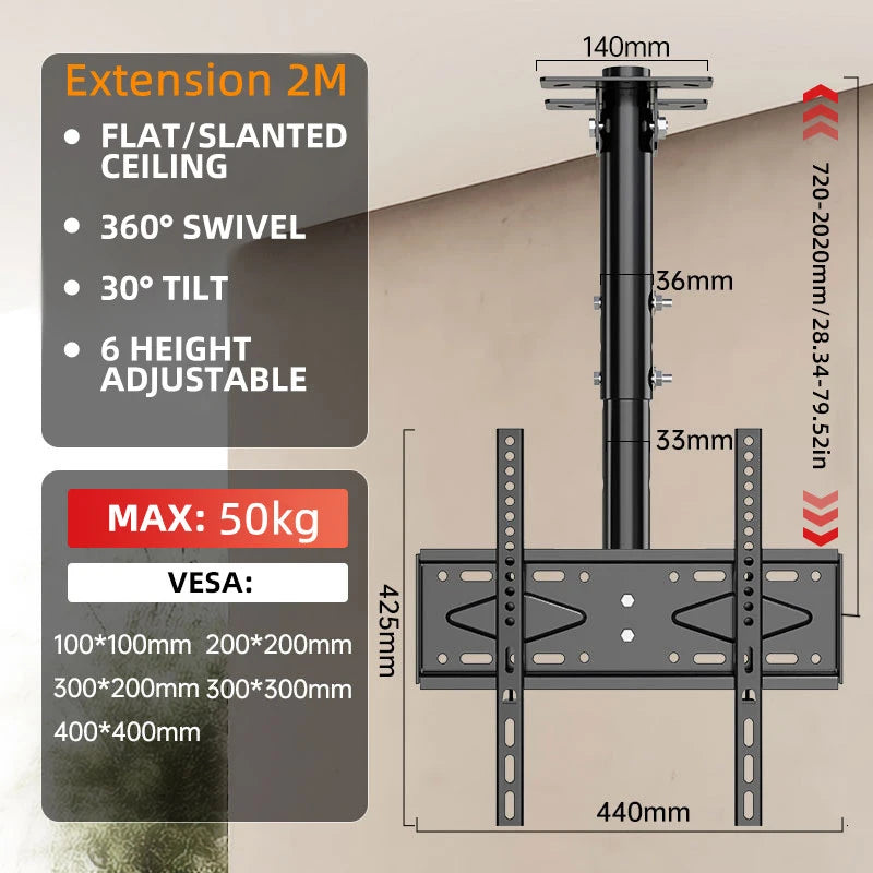 Ceiling TV Mount, TV Mount for 26-65 inch TVs, TV Ceiling Mount with Swivel, Tilt and 6 Height Adjustable, Max VESA 400x400mm