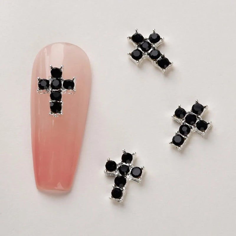 10Pcs/lot 3D Cross Alloy Nail Art Charms Silver/Black/Pink Rhinestone Christmas Halloween Diamond Jewelry Retro Punk Nail Parts