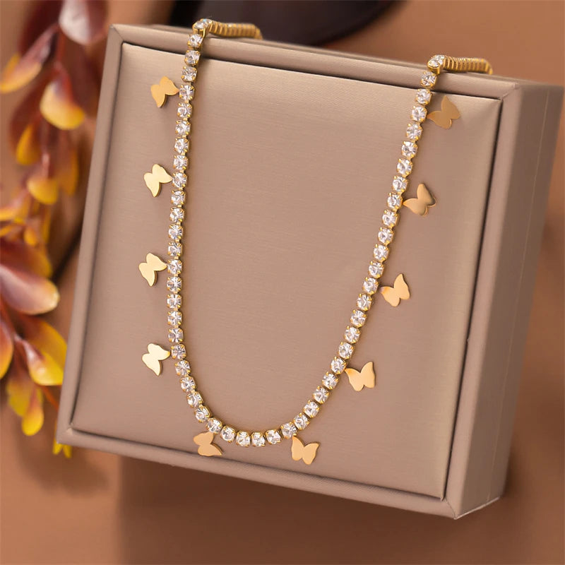 316L Stainless Steel New Fashion Fine Jewelry Embed Full Zircon Butterflys Stars Charm Chain Choker Necklaces Bracelet For Women