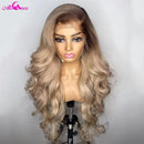 Ombre Blonde 13X6 Transparent Lace Front Human Hair Wig Brown Root Body Wave Ash Blonde 180 Density Pre Plucked Human Hair