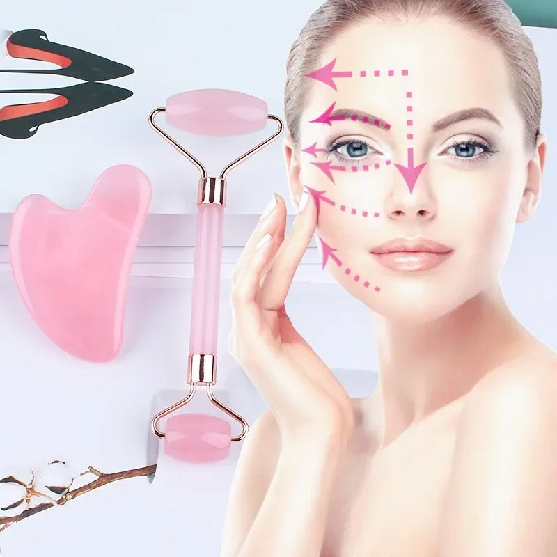 Pink Gua Sha Roller Massager Rose Scraping Facial Skin Beauty Care Resin Guasha Board for Body Scraping Face Massage Tool Set
