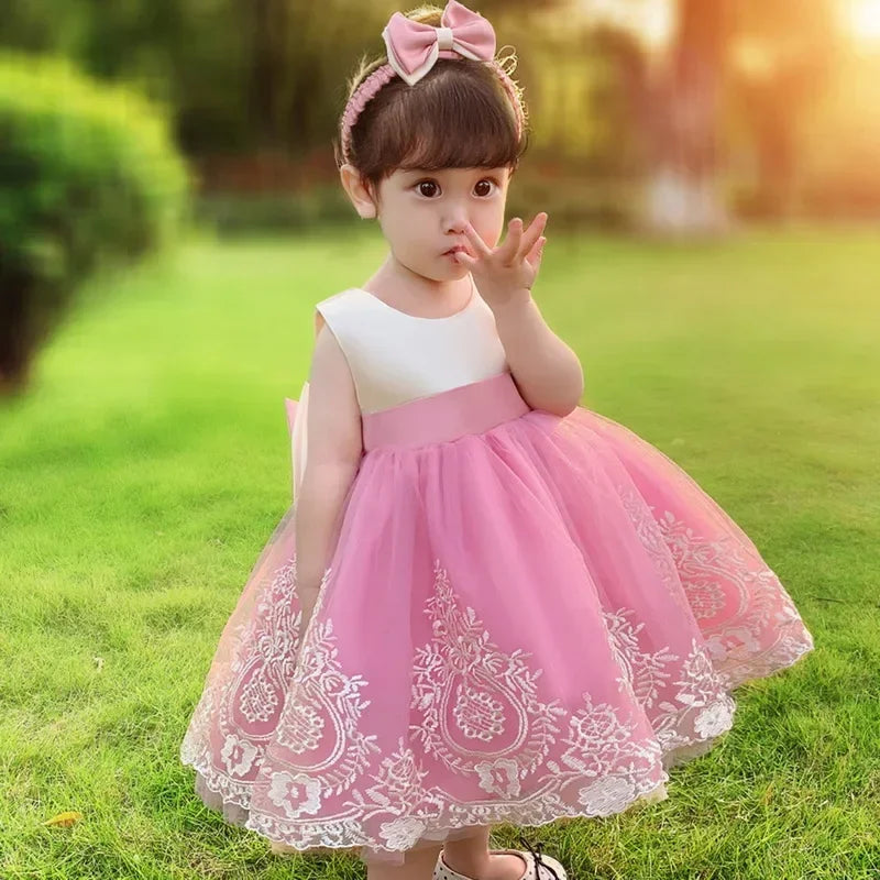 New Summer Baby Girls Party Dress Lace Sleeveless Floral Girl Bow Cake Dresses for Weddings Kids Children Clothes E7839