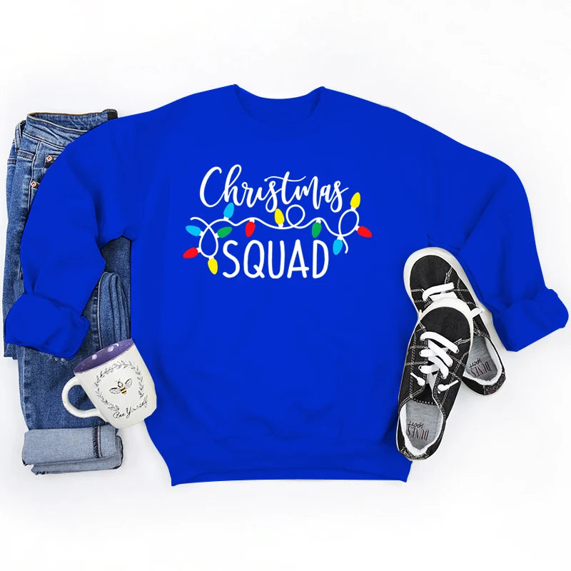 Christmas Lights Christmas Squad Print Crew Neck Sweatshirts Fashion Print Women Christmas Casual Sweatshirts Xmas Gifts