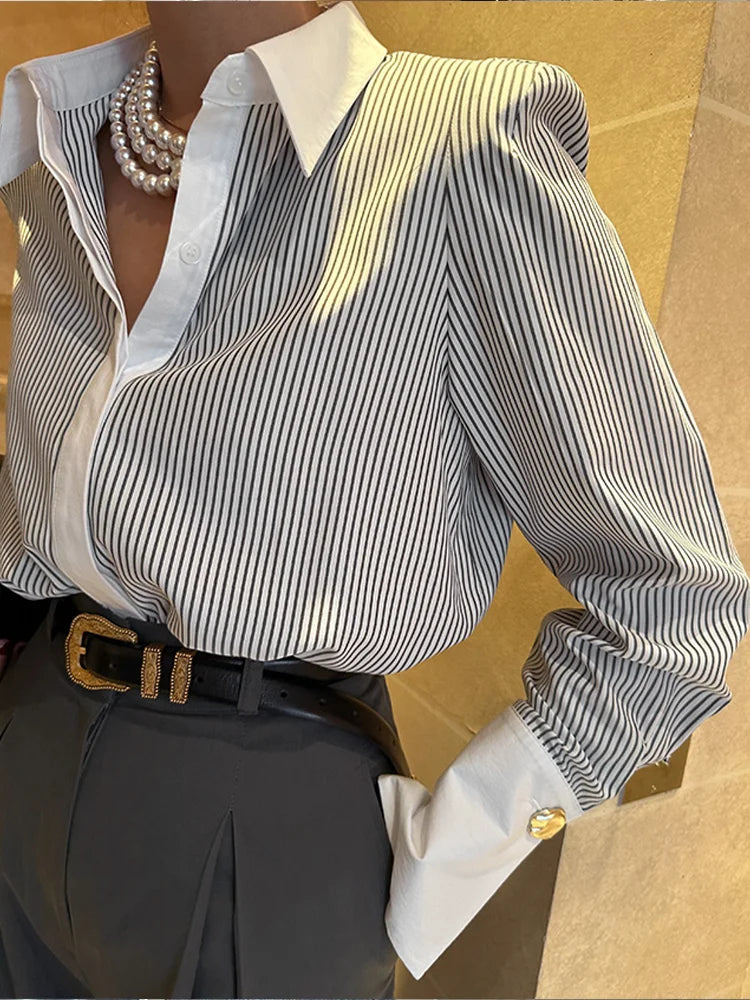 Women's Spring and Autumn Polo Collar Long sleeved Striped Shirt Elegant Office Commuting Fashion Top 2024 New Pink Grey Blue