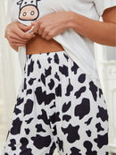 Cow print print pajama set for women simple crewneck pullover short-sleeved top and loose stretch trousers women's loungewear