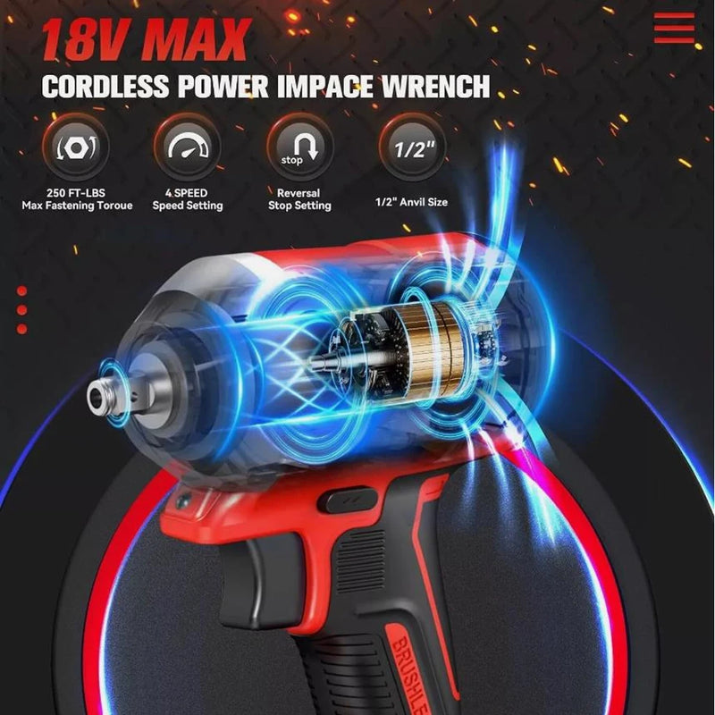 Brushless Impac Wrench 500N.m Electric Driver 1/2" Repair Cordless Screwdriver 4 Gears Power Tools for Milwaukee 18V Battery