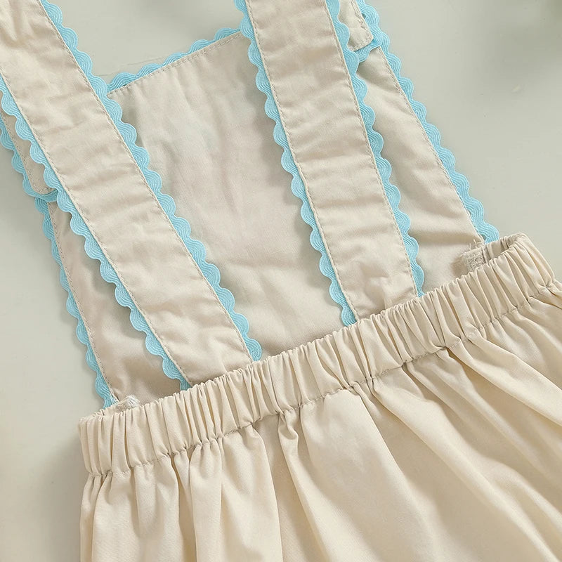 Easter Bunny Embroidered Sleeveless Romper Jumpsuit with Carrot Applique and Square Neckline for Baby Girls