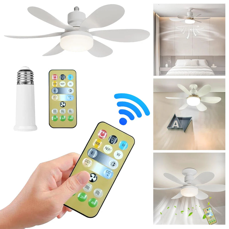 E26/E27 Screw Head LED Fan Light Remote Control Three Color Dimming Detachable Fan Leaf Living Room Bedroom Small Fan Light