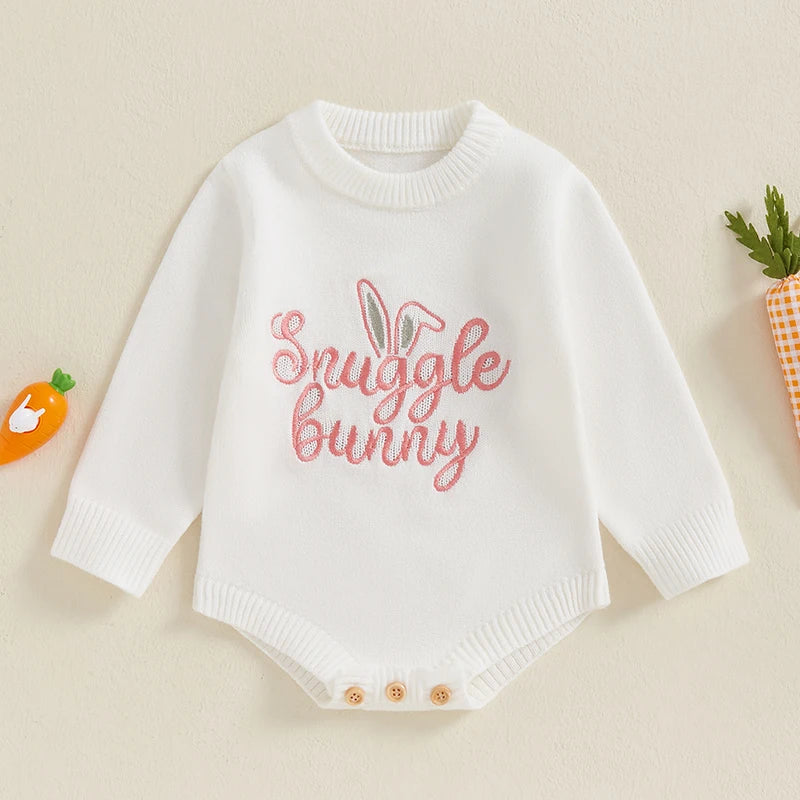 Toddler Boy Easter Bunny Jumpsuit Infant Short Sleeve Round Neck Rabbit Print Romper with Pom Pom Tail Detail