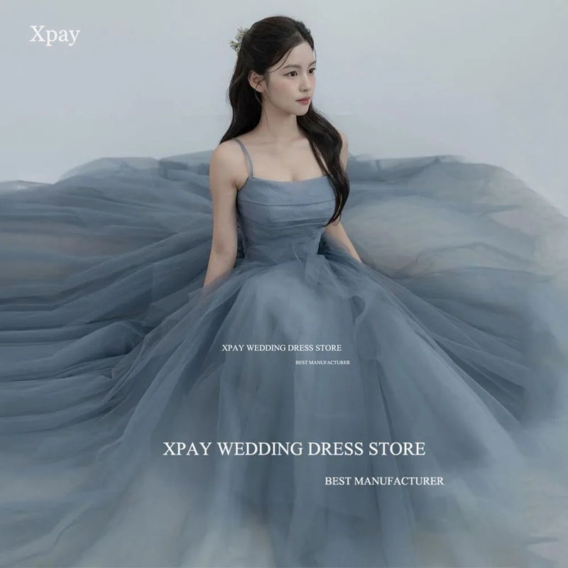 XPAY Dusty Blue Korea A Line Evening Dresses Photo Shoot Ruffles Tiered Fairy Tulle Evening Gown Customised Corset Prom Dress