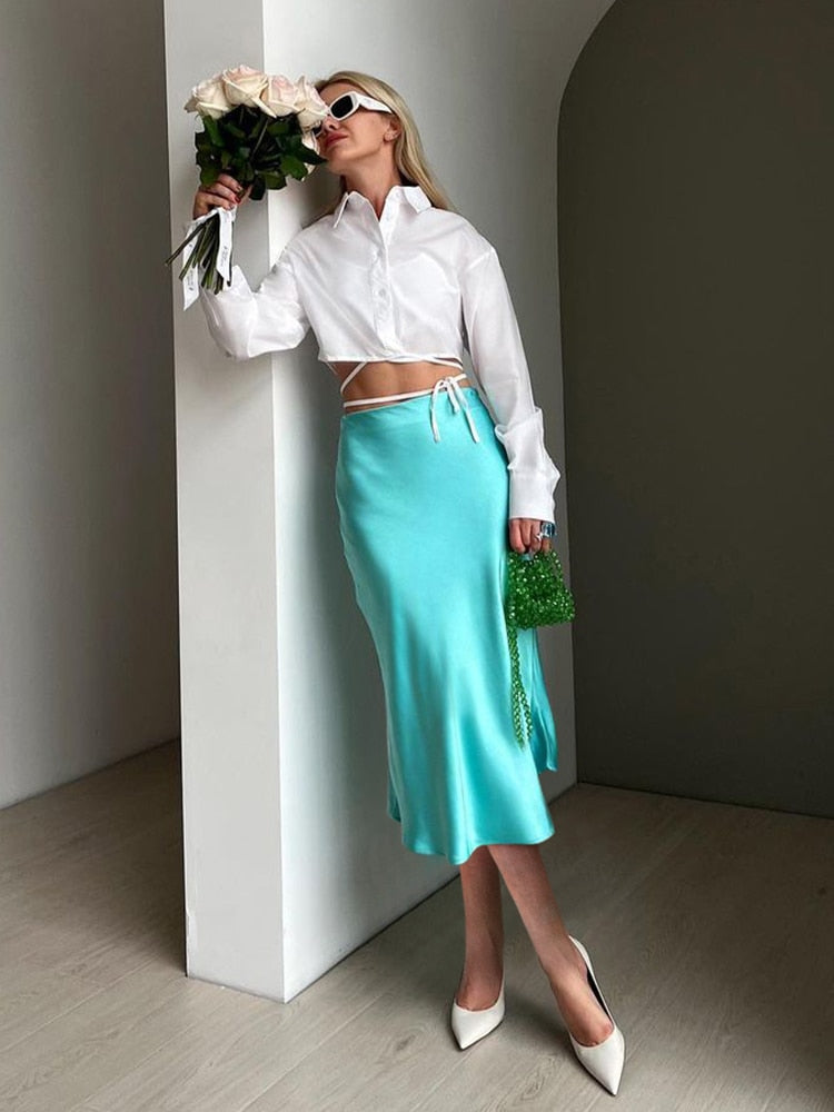 Mnealways18 Solid Purple Satin Silk Skirt Women High Waisted Summer Long Skirt New 2023 Elegant Ladies Office Skirts Midi Spring