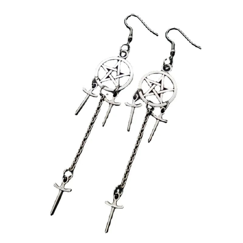 Gothic Silver Plated Circle Pentagram Dagger Dangle Earrings Wedding Party Holiday Gift For Men And Women Daily Jewelry