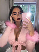 2025 long sleeve fur V-neck wrapped bandage sexy crop tops autumn winter women streetwear club party outfits T-shirts