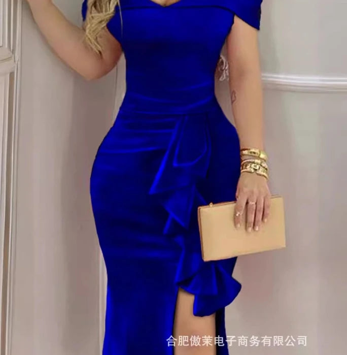 Women's Elegant Velvet One Shoulder Split Party Dress Temperament Commuting New Fashion Female Short Sleeve Maxi Evening Dresses