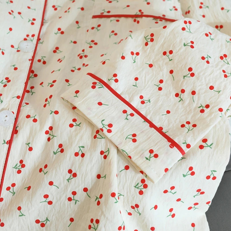 New Autumn Cherries Pajama Sets for Women Faux Cotton Outfits for Women Soft Lapel Cardigan 2 Piece Set Sweet Cute Women Pajama