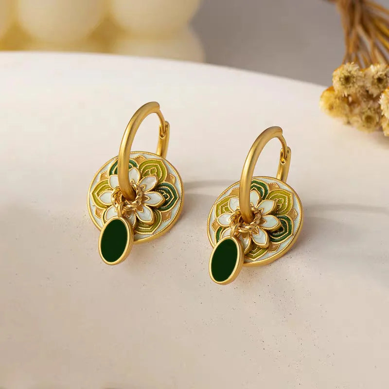 Ethnic Chinese Colorful Enamel Earrings for Women Retro Design Gold Plated Flower Shaped Multiple Wear Ways Luxury Jewelry Gifts
