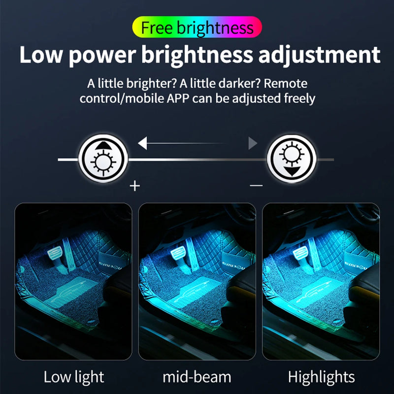 Car environment  decorative lights Auto Interior Ambient Lamps with APP control 4PCS Car Atmosphere Led Foot Light USB Lighter